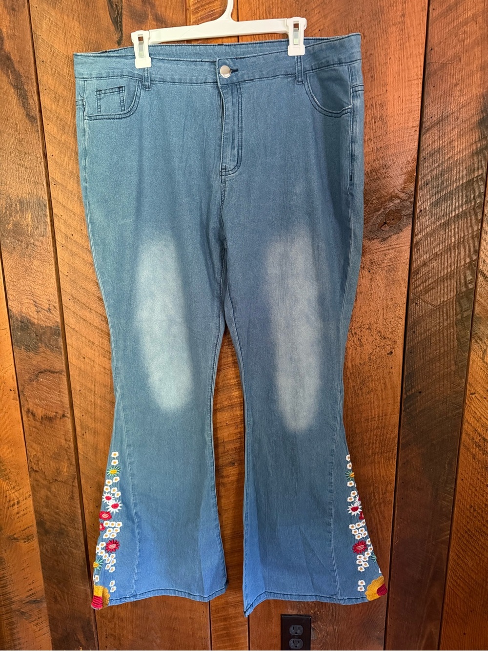 Boho Floral Embroidered Flare Leg Jeans Blue Daisy Plus Size Bell Bottoms 4XL